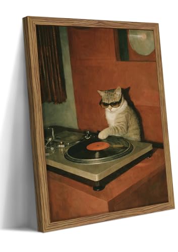 Framed Vintage DJ Cat Canvas Wall Art, Cool Tabby Cat Playing Vinyl Record Poster Print, Retro Trend Music Animal Artwork, Hip Hop Aesthetic Wall Decor for Living Room Bedroom Studio 16x24in - color: Cool Cat DJing, size: 24"L x 16"W
