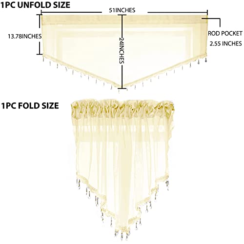 PearAge Beaded Sheer Valance Curtains for Living Room,Rod Pocket Farmhouse Window Valance, Bead Trim Tassel Voile Sheer Curtain Valance for Bedroom Bathroom Cafe 51x24 Inches (Beige) 1PC - color: Beige