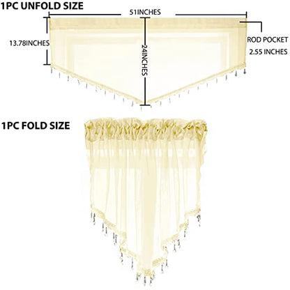 PearAge Beaded Sheer Valance Curtains for Living Room,Rod Pocket Farmhouse Window Valance, Bead Trim Tassel Voile Sheer Curtain Valance for Bedroom Bathroom Cafe 51x24 Inches (Beige) 1PC - color: Beige