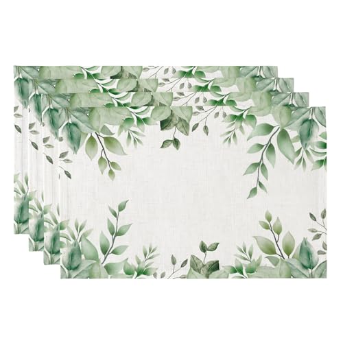 QiyI Boho Table Placemats Set of 4, 12"x18" Linen Place Mats, Green Leaves - color: Green Leaves Border, size: Set of 4