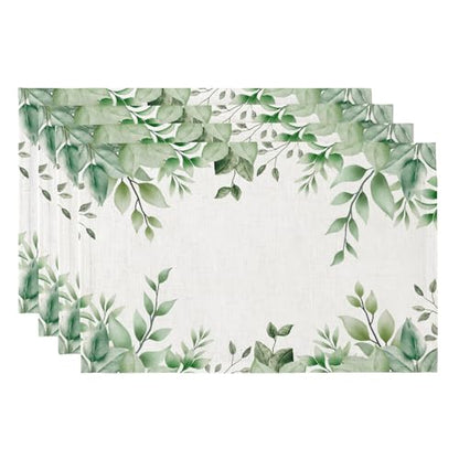 QiyI Boho Table Placemats Set of 4, 12"x18" Linen Place Mats, Green Leaves - color: Green Leaves Border, size: Set of 4