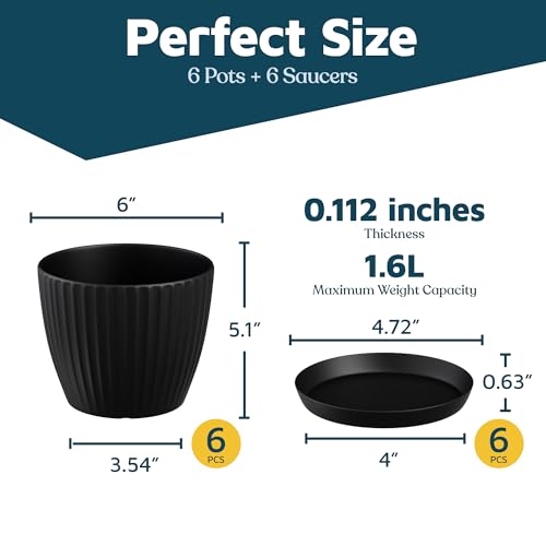 Black 6-Inch Plant Pots with Drainage & Saucers 6 Pack, Indoor & Outdoor Planters for Houseplants, Herbs, and Flowers, Durable & Weatherproof Material, Stackable, Lightweight, Minimalist Design - color: Black, size: Pack of 6