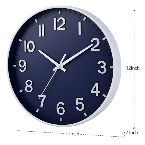 12 Inch Wall Clock Battery Operated Silent Non Ticking Clock Navy Blue Modern Round Wall Clock with 3D Numbers Decorative for Kitchen Bedroom Living Room Office Classroom - color: Navy Blue, size: 12 Inch