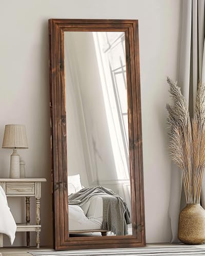 65x22in Full Length Mirror, 3-Tier Stepped Solid Wood Frame, Brown - color: Brown, size: 65"L x 22"W