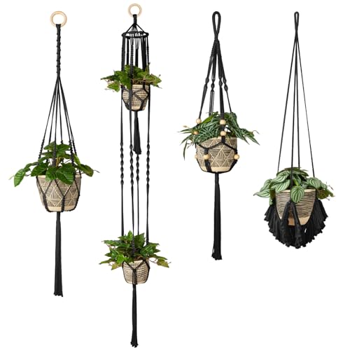 Macrame Plant Hanger Indoor Set of 4, Bohemian Hanging Planter with Tassels - color: Black