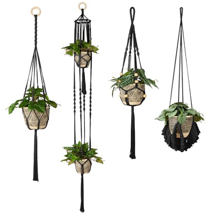 Macrame Plant Hanger Indoor Set of 4, Bohemian Hanging Planter with Tassels - color: Black
