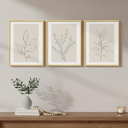 Framed Neutral Botanical Minimalist Line Canvas Wall Art Bedroom, 12x16 In | Neutral botanical line, 3 piece, Canvas print, Modern minimalist pictures, Beige plant artwork, Master guest bedroom wall art - color: Neutral Beige