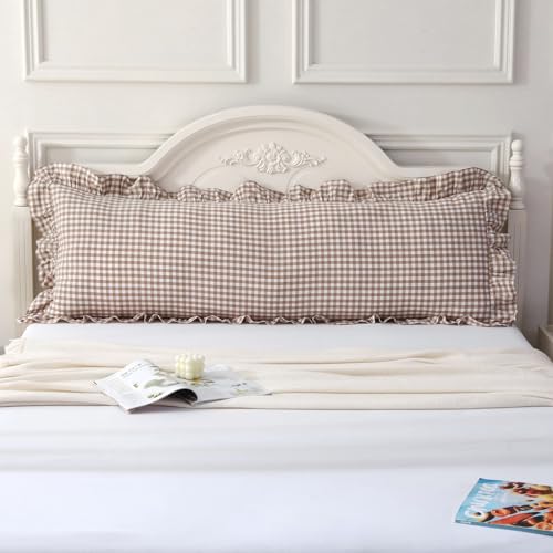Silnuo Taupe/White Plaid Gingham Ruffled Body Pillow Cover 20"x54" - color: Taupe Plaid, size: Body Pillow (20" x 54") - 1 Piece