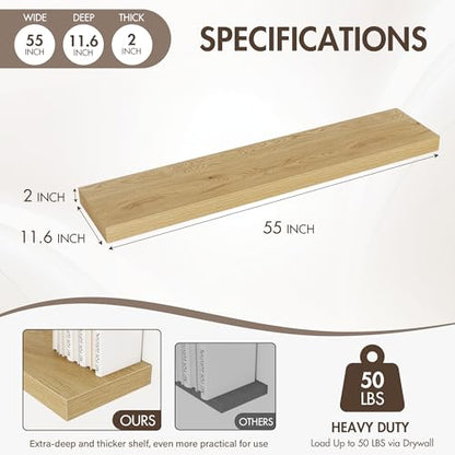Acovy 55 Inch Floating Shelves, 12" Deep Floating Shelf Wall Mounted, 55" Wall Shelves, Rustic Deep Bookshelf, Extra Deeper & Thicker Display Shelves for Bedroom, Living Room, Oak, Set of 2 - color: Oak, size: 12"Wx55"L-2pcs