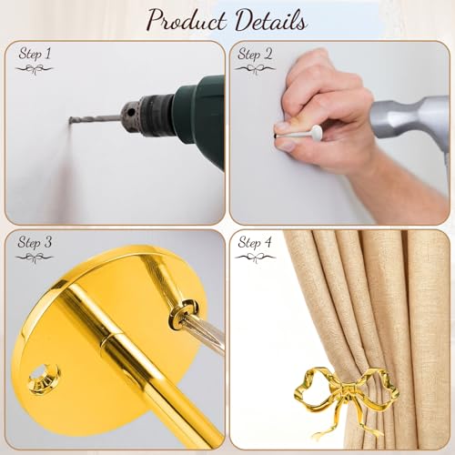 2 Pack Metal Bow Curtain Holdbacks Tiebacks, Wall Mounted Curtain Hooks, Bow Curtain Tiebacks for Living Room Bedroom Office Home, Gold
