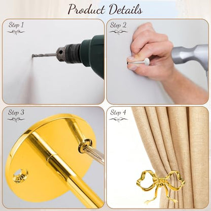 2 Pack Metal Bow Curtain Holdbacks Tiebacks, Wall Mounted Curtain Hooks, Bow Curtain Tiebacks for Living Room Bedroom Office Home, Gold