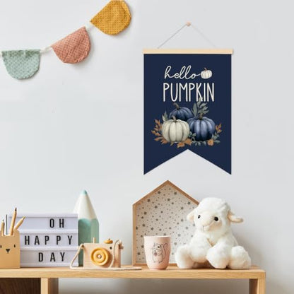 LARNDUMAMA Blue Fall Pumpkins Wall Art Canvas Banner Poster for Bathroom - color: blue