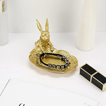 ELLDOO Golden Easter Bunny Figurine, Jewelry Ring Tray Trinket Holder Decorative Serving Tray Small Rabbit Statue Cute Ornament, Animal Sculpture Collectible Figurine Home Decor - style: Seated Rabbit