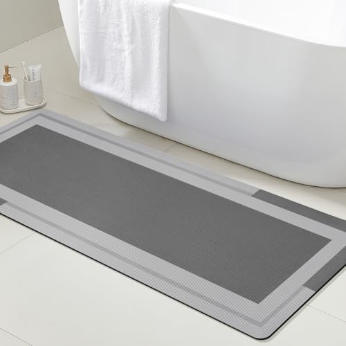 ACCUMTEK Non Slip Bath Mat, Thin Bathroom Rugs Fit Under Door, Quick Dry Bath Mats, Machine Washable Bath Rugs for Bathroom, Bathtub & Kitchen, Grey/Bordered/48 x20 - color: Grey, size: 1'8" x 4' (Rectangular)