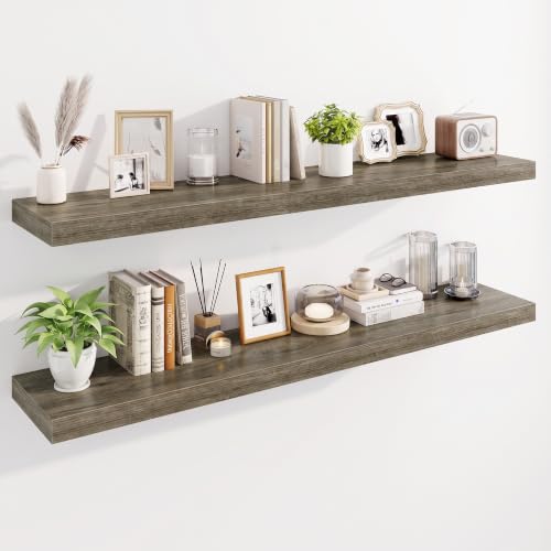 Marsmiles 55" Floating Shelves for Wall, Wooden Shelves with Invisible Brackets Set of 2, Rustic Farmhouse Wall Mounted Shelf for Kitchen Bathroom Living Room Study, Grey - color: Grey, size: 55"