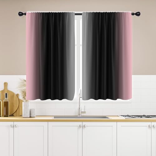 Black Pink Kitchen Curtains, Ombre, 27.5" W x 39" L, Rod Pocket - color: Pink, size: 27.5"W x 39"L (Pack of 2)