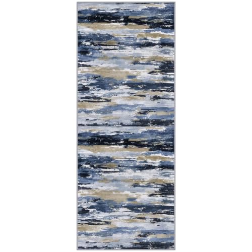 Abstract Washable 2x7 Runner Rug Non Slip Runners for Hallway - color: Navy / Blue / Taupe, size: 2' x 7' (Runner)