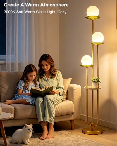 Lightdot 3-Globe Floor Lamp Dimmable with Green Glass Tray Gold Floor Lamp - color: Green-3U Gold