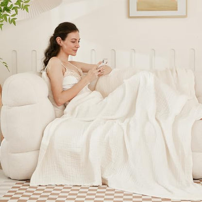 EMME Muslin Cotton Blanket Adults Heather White Throw 50"x60" - color: 04-white-1, size: Throw (50" X 60")
