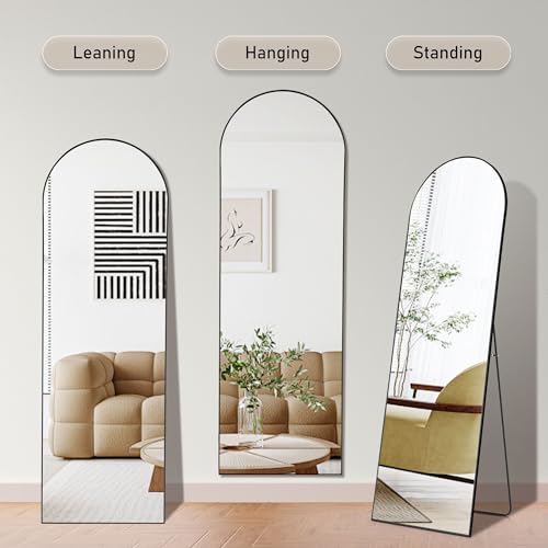 OLIXIS Arched Full Length Mirror for Bedroom, 56"x15" Full Body Mirror with Stand, Hanging or Leaning for Wall, Aluminum Alloy Thin Frame Floor Standing for Living Room, Long, Black - color: Black-arched, size: 56"L x 15"W