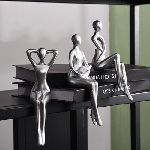 Quoowiit Thinker Statue Office Desk Decor, Silver Art Sculpture Ornament Coffee Table Bookshelf Decor Modern Home Unique Home Decorations for Living Room 3 Piece - color: Silver