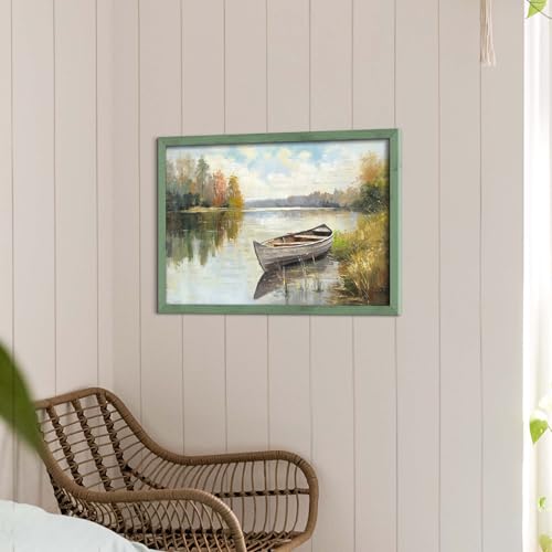 HILL WEST Rustic Autumn Lake Landscape Framed Wall Art, 24x16inch - color: Lake, size: 24"L x 16"W