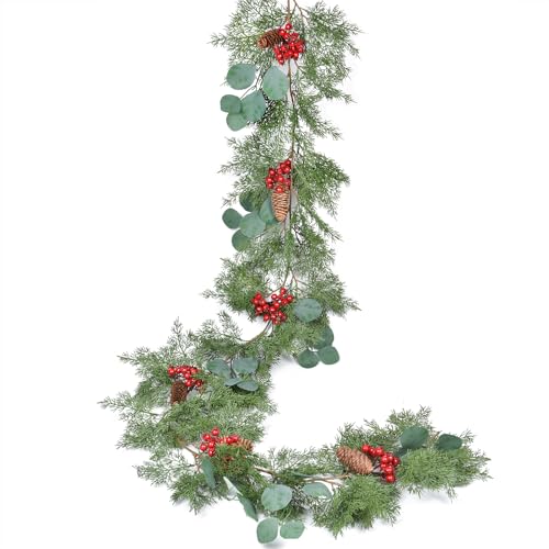 DearHouse 6Ft Pine Garland Christmas Decoration, Artificial Red Berry Christmas Garland with Eucalyptus Pine Cones Cypress Garland for Holiday Season Mantel Fireplace Table Centerpiece Decor