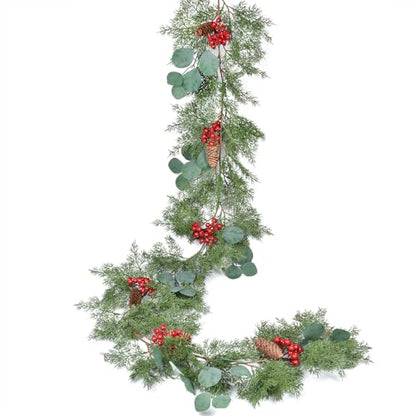 DearHouse 6Ft Pine Garland Christmas Decoration, Artificial Red Berry Christmas Garland with Eucalyptus Pine Cones Cypress Garland for Holiday Season Mantel Fireplace Table Centerpiece Decor