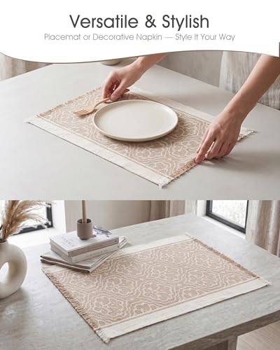 Placemats Set of 6, 13.8 x 17.7 Inch, Polyester, Jacquard Woven - color: Polyester-13.8 X 17.7inch-light Beige