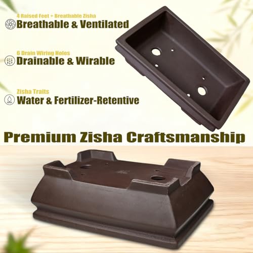 MUZHI Unglazed Ceramic Bonsai Pot with Drainage Tray, Rectangle Vintage Brown Bonsai Planter with 4 Raised Feet for Juniper Maple, Succulent Planter Pot with Drip Tray (Elegant Rectangle) - style: Elegant Rectangle