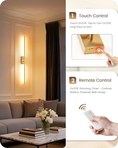 38.6" Wireless Battery Operated Wall Sconces Set of Two,Rechargeable Lamp with Remote, DIY Rotation, 10000mAh Battery, Touch Dimmable Lights for Living Room Hallway Bedroom, Gold D08YBP205 - color: Gold, size: 38.6 Inches