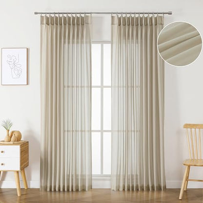 WEST LAKE 90 Inches Long Khaki Pinch Pleated Sheer Curtains for Bedroom Living Room,Plaza Taupe Rustic Textured Drapes with Backtabs,Farmhouse Airy Window Treatment,Custom Multi Sizes,58" Wx90 Lx2 - color: Plaza Taupe, size: 58"W x 90"L (Pack of 2)