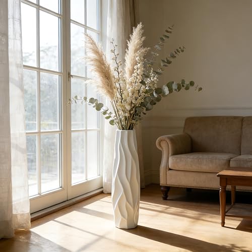 White Tall Ceramic Floor Vase, 24 Inch, Pleated Wave Design - color: Shape 1, size: 24 Inch