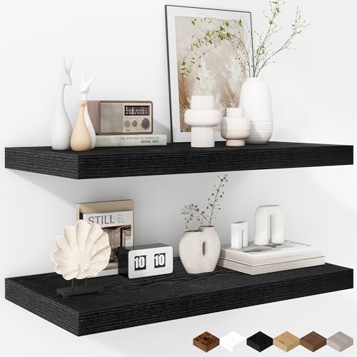 Fun Memories Floating Shelves - 2 Pack 12 Inch Rustic Wooden Wall Shelves - Extra Deeper & Thicker Wall Mounted Storage Shelf for Living Room, Kitchen, Farmhouse - 24" W x 12" D x 1.5"H - Rustic Black - color: Black, size: 23.6"L x 12"D