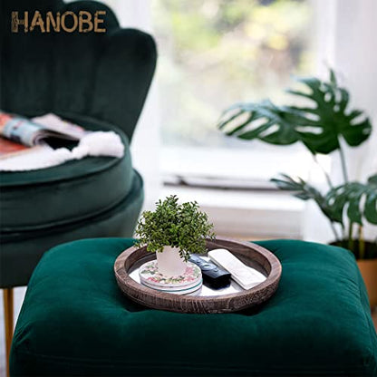 Hanobe 둥근 나무 장식 트레이: 커피 테이블 농가 센터피스 거울 캔들 홀더 빈티지 미러 바 플레이트 오토만 토퍼 홈 데코 욕실 주방용 - color: 디스트레스드 미러