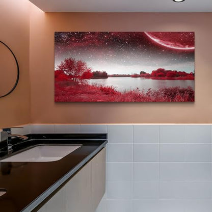 MHARTK66 Large Red Landscape Canvas Wall Art for Living Room,Meadow 60x30 - color: View Of Red Starry Sky Lake (Wrapped Canvas), size: 60"L x 30"W