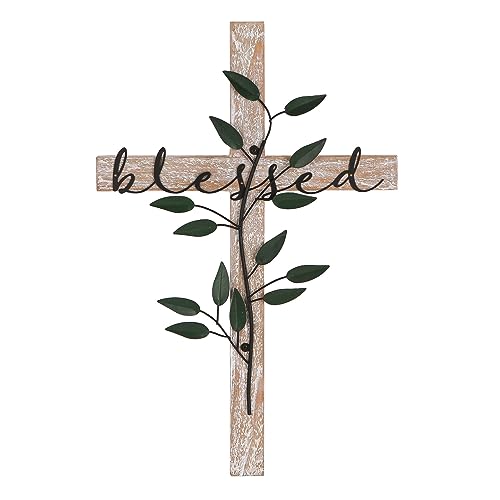 NIKKY HOME Wall Cross, Rustic Wooden Cross With Metal Leaves - color: Blessed