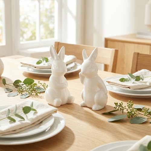 2Pcs Easter Bunny Figurines White Ceramic Rabbit Statues for Spring Home Decoration, Small Animal Sculpture for Tabletop Centerpiece, Cute Mini Holiday Party Shelf Ornaments