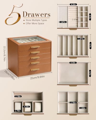 Homeanda Jewelry Boxes Organizer with Glass Lid, 5-Layer PU Leather, Brown - color: Brown, size: 5 Layer