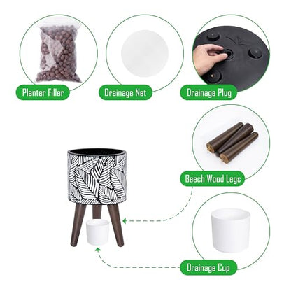 D'vine Dev 8 Inch Planter Pot with Wood Stand, White/Grey, 88-L-A-7 - color: White/Grey, size: Small