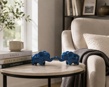 4 Inch Blue Ceramic Elephant Figurines Set of 2 - color: Blue