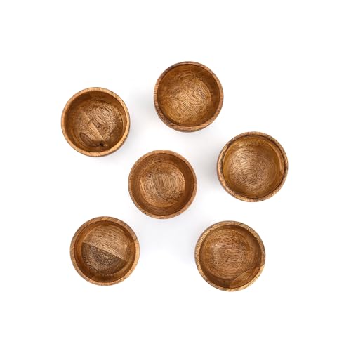 Bowl Set Mango Wood Round Wooden Serving Bowls for Dips, Sauces, Nuts, Spices - Mini Decorative Dishes (3" x 3" x 2") (Set of 6)