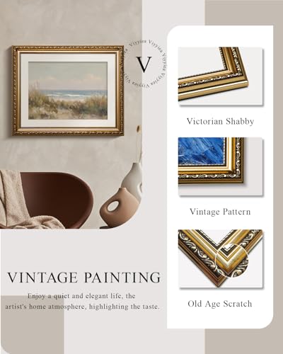 VIYYIEA Gold Framed Coastal Wall Art Summer Beach Canvas Print, 13×16 Inch - color: Beach Oil Painting, size: 16"L x 13"W