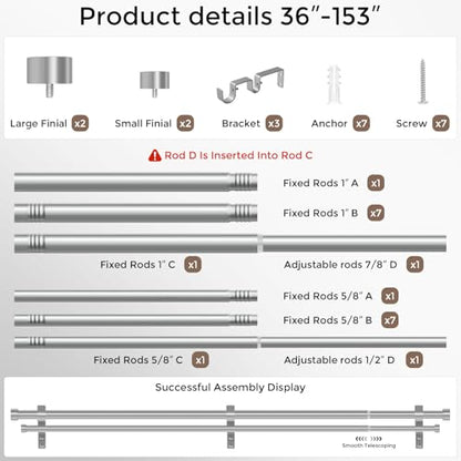 Double Curtain Rod, 36-153 Inch Silver Modern Heavy Duty Dual Rods - color: Silver, size: 36"-153"
