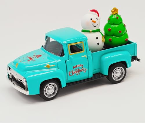 Vintage Blue Christmas Truck Decor – 4.9″Retro Die-Cast Metal Pickup with Snowman and Christmas Tree Figurines for Xmas Town Village Accessories Set Display Home indoor Decoration Gift(Xmas-Blue) - color: Xmas-tiffany Blue