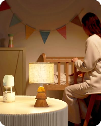 Wood Table Lamp, Wood Bedside Lamp with Tree-Shaped Base & Linen Lampshade, Modern Cute Desk Lamp for Living Room, Bedroom, E26 Base, Bulb Not Included, Beige and Dark Natural LE08TL05 - color: Beige+Pearwood Tree Shaped