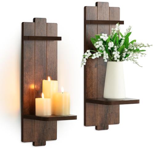 Large Wall Candle Sconces Set of 2: Wood Shelf Distressed Brown - color: Brown, size: 19.7in x 6.3in