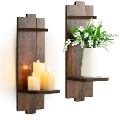 Large Wall Candle Sconces Set of 2: Wood Shelf Distressed Brown - color: Brown, size: 19.7in x 6.3in