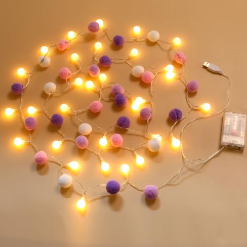 9.84FT Pom Poms Fairy Lights 30 LED Battery & USB Operated String Lights - color: Purple, size: 9.84 FT