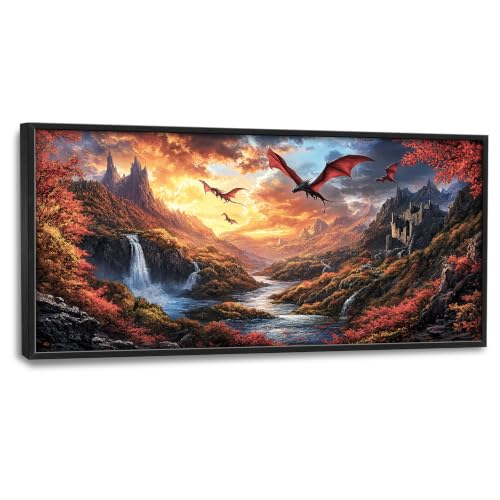 Voxlyra Framed Fall Mountain Dragon Wall Art for Living Room 60'' × 30'' - color: Dragon